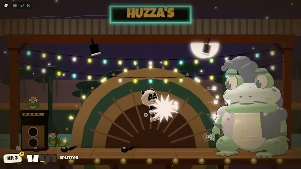 Big Croak Huzza arena with frog opponents and Huzza’s sign