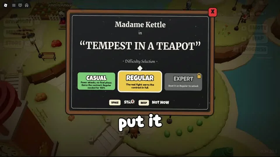 Madame Kettle difficulty menu showing Casual, Regular and locked Expert