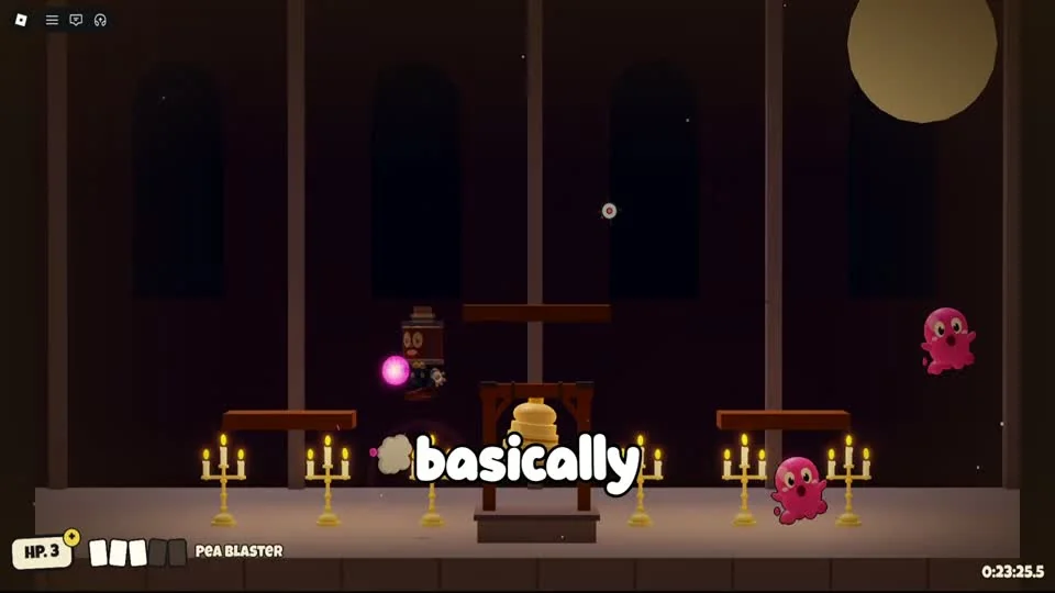 Pink ghosts and platforms in the dark parry challenge room